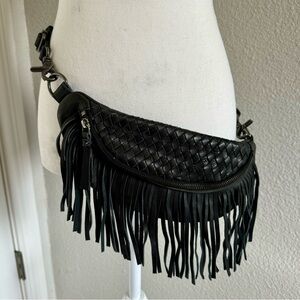 Leather fringed black crossbody Fanny pack purse